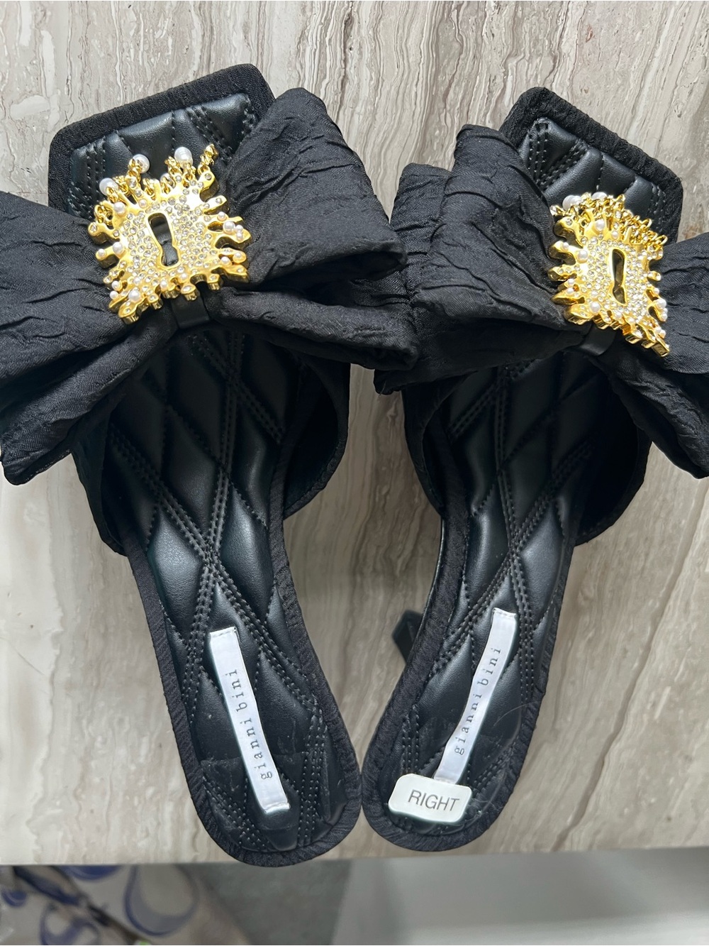 Gianni Bini Black Bow Mule Heels with Gold-tone Brooch - Picture 5 of 9